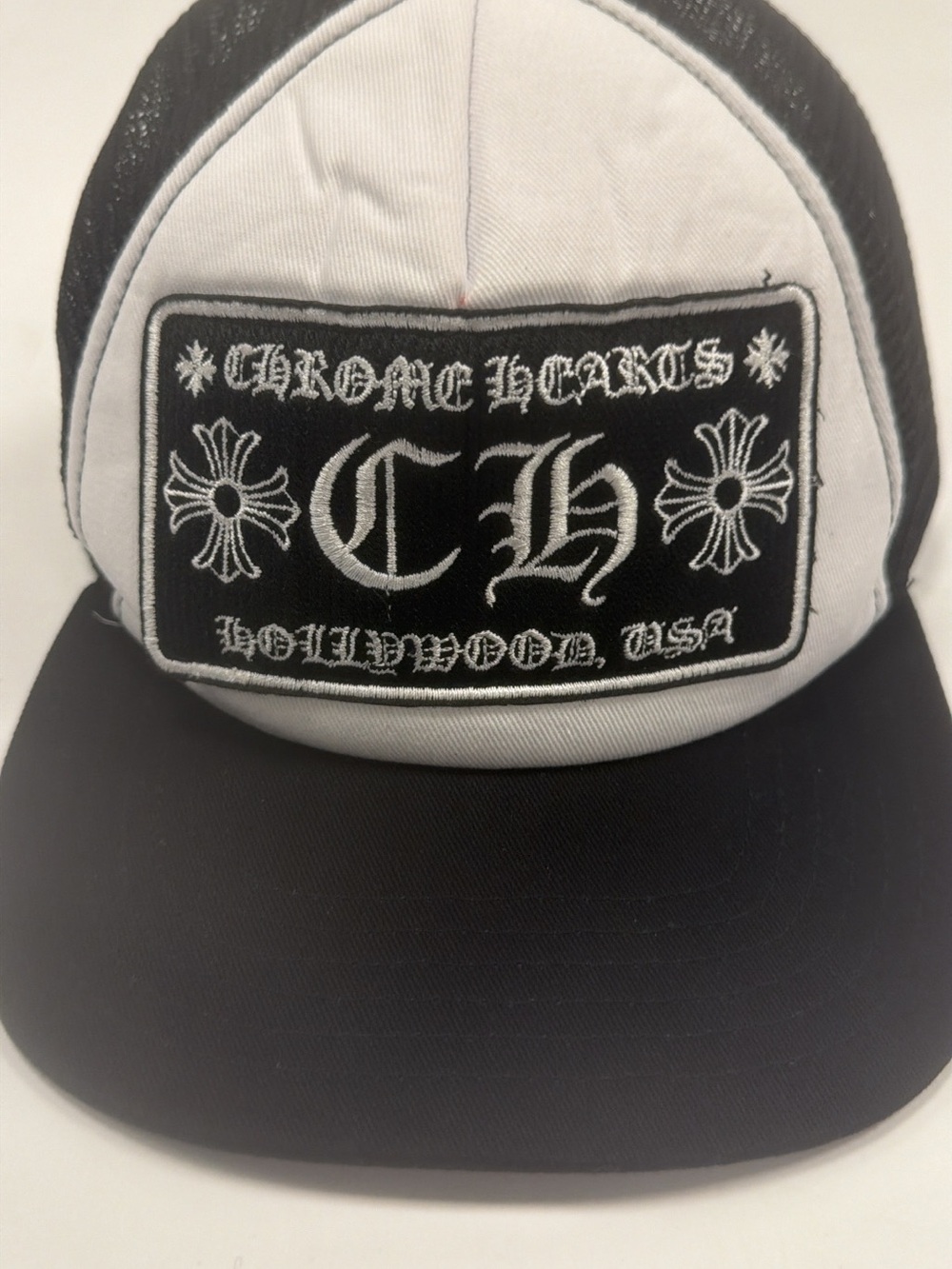 Chrome Hearts Black & White Embroidered CH Patch Trucker Hat